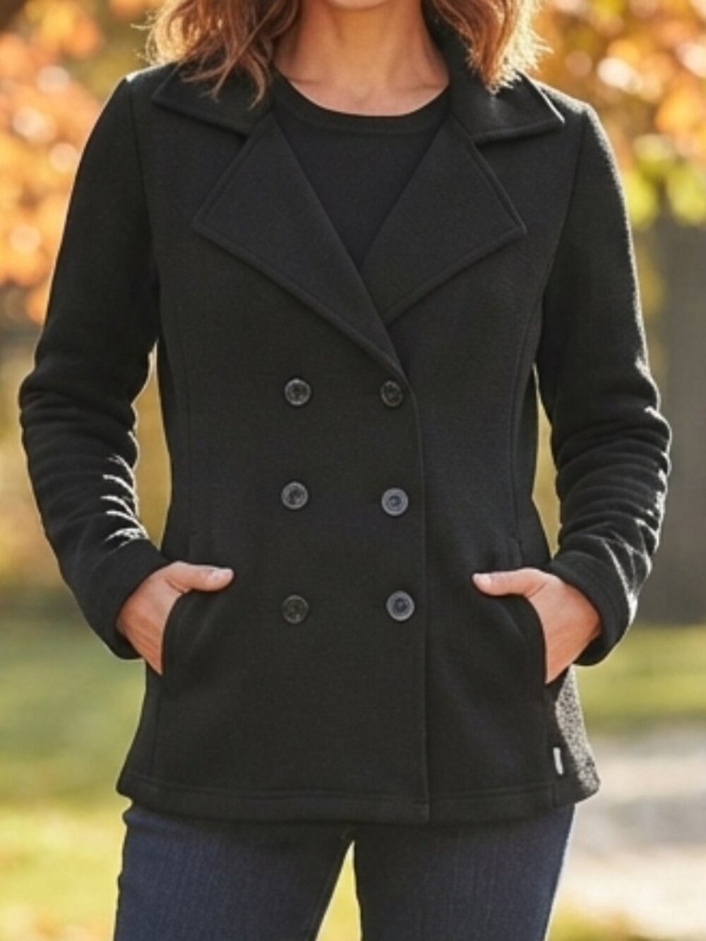 Eddie Bauer Black Double-Breasted Peacoat Sz M, Knit Jacket, Notch Collar